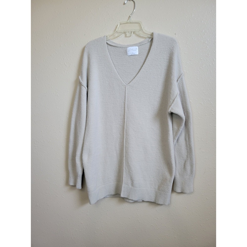 Stylus Women's V-Neck Sweater Soft Long Sleeve Beige, Sz L